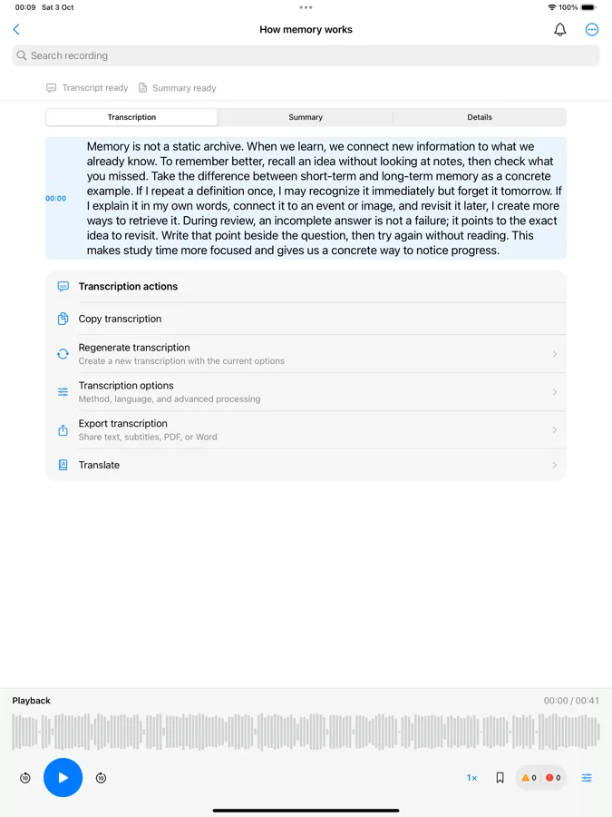 Memento iPad playback and transcript