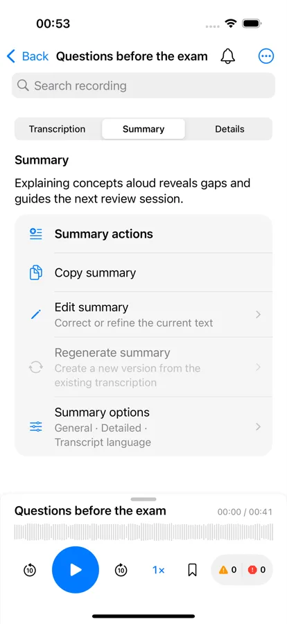Summary with key points and actions on iPhone