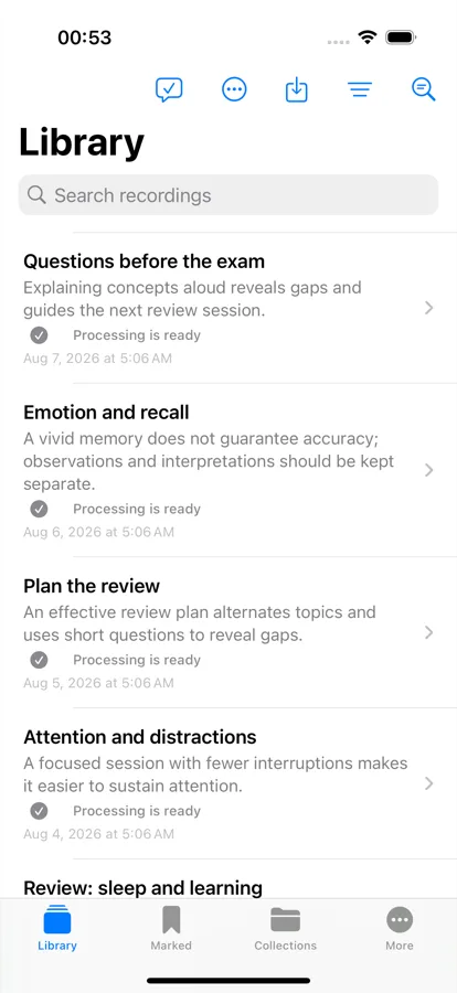Memento iPhone library with sample recordings