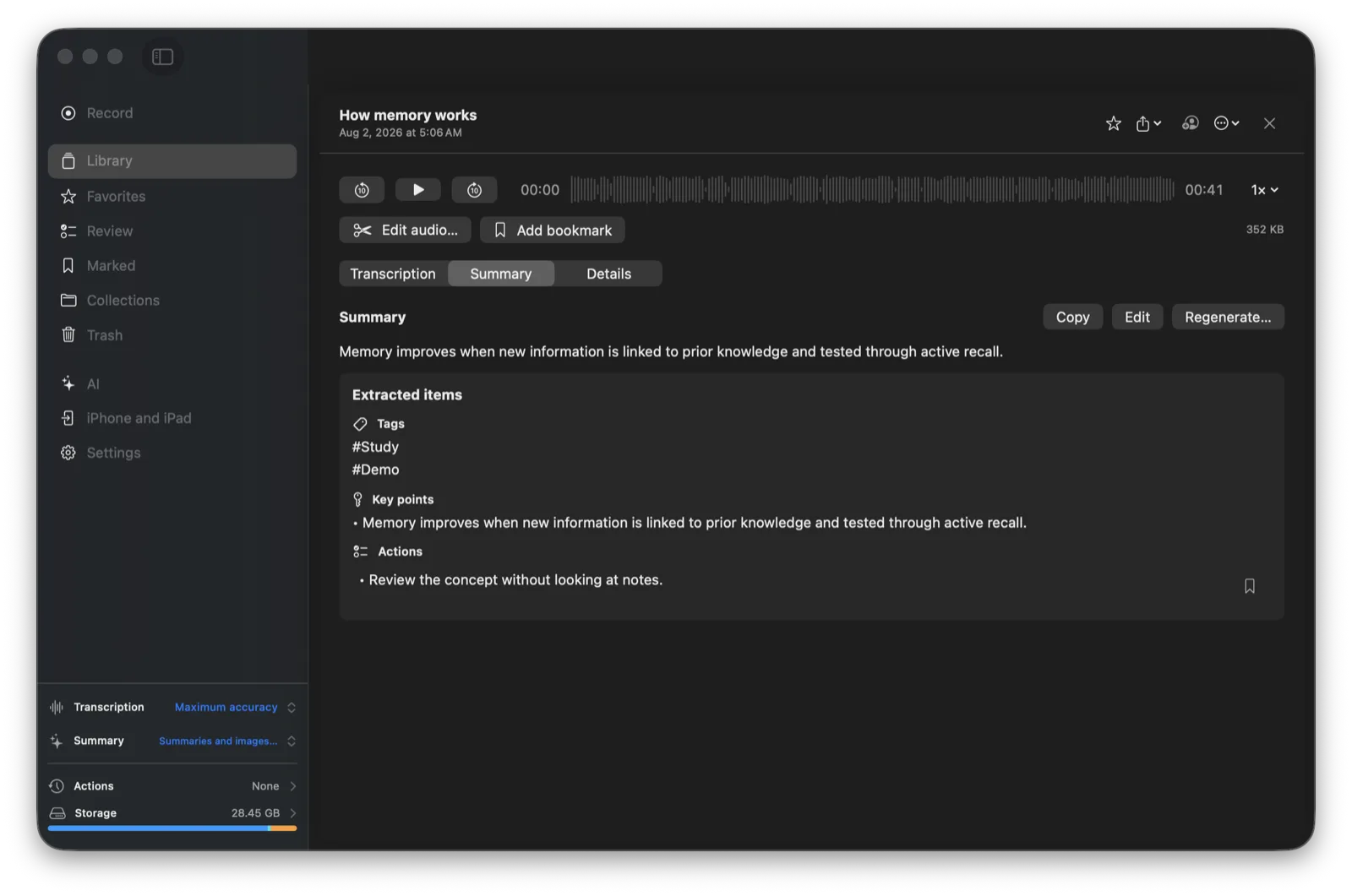 Memento for Mac showing summary, tags, key points and actions