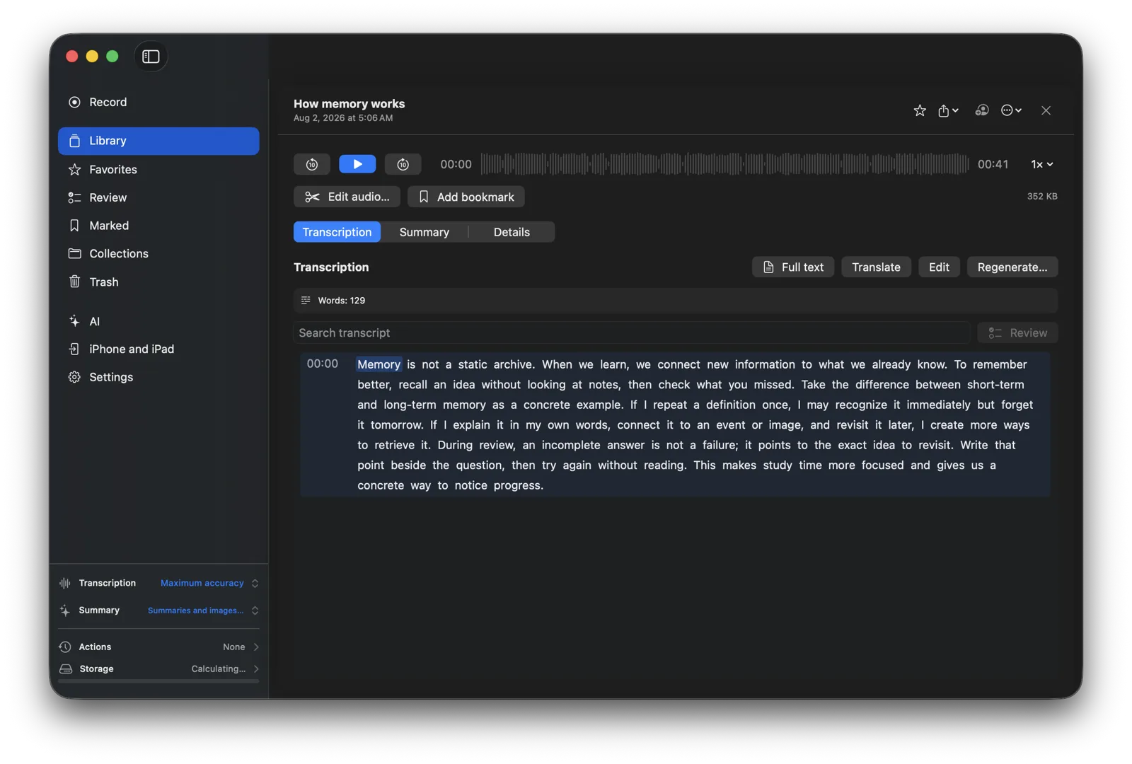 Transcript beside playback in Memento for Mac