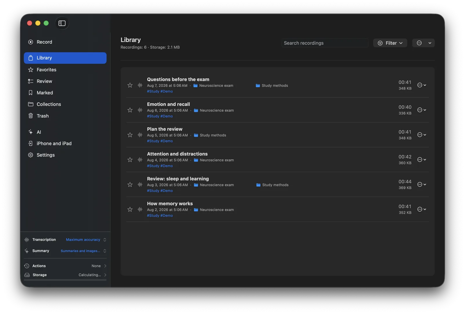 Memento Mac library showing sample recordings